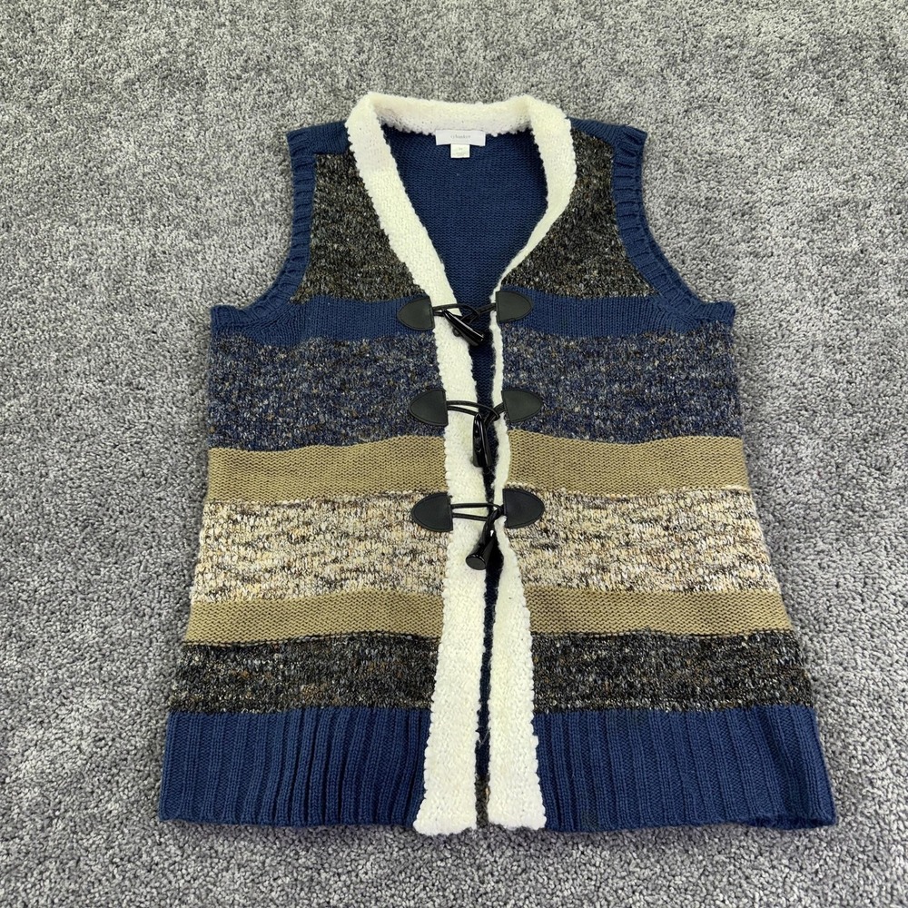 C.J. Banks Sweater Womens 2X Blue Striped Toggle Vest Faux Fur Trim Chunky Knit